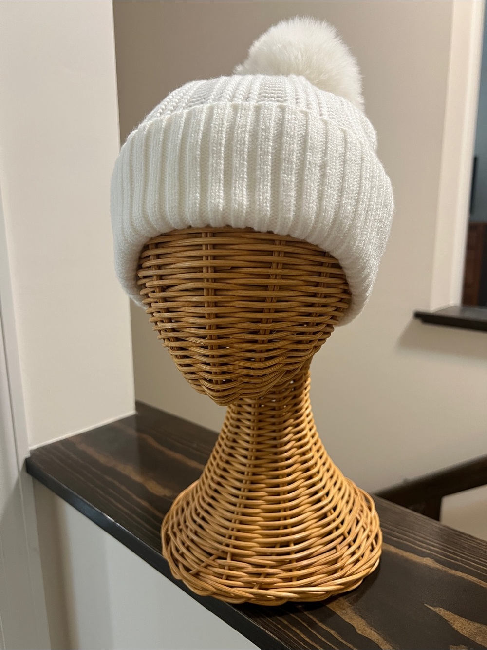 White Pom-Pom Knit Beanie - Cozy Winter Hat